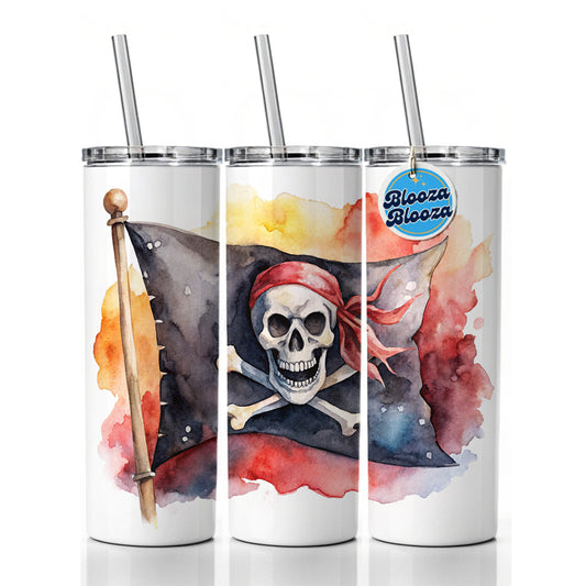 Pirate Jolly Roger Skull Crossbones Flag Watercolor Skinny Tumbler 20oz with Straw Insulated Water Bottle Gift