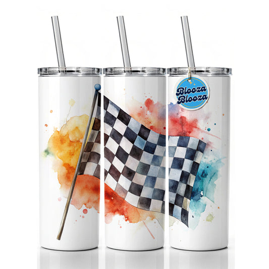 Racing Checkered Flag Watercolor Skinny Tumbler 20oz with Straw Insulated Water Bottle Gift