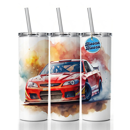 Red Stock Racing Car Watercolor Skinny Tumbler 20oz with Straw Insulated Water Bottle Gift
