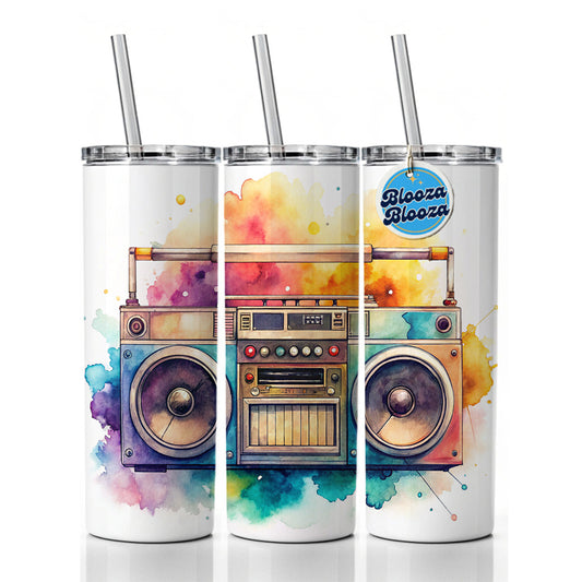 Retro Boom Box Radio Cassette Player Watercolor Skinny Tumbler 20oz with Straw Insulated Water Bottle Gift