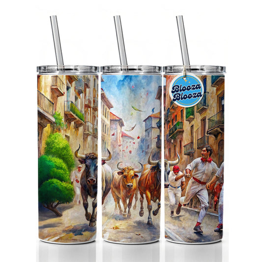 Running of the Bulls in Spain Skinny Tumbler 20oz with Straw Insulated Water Bottle Gift