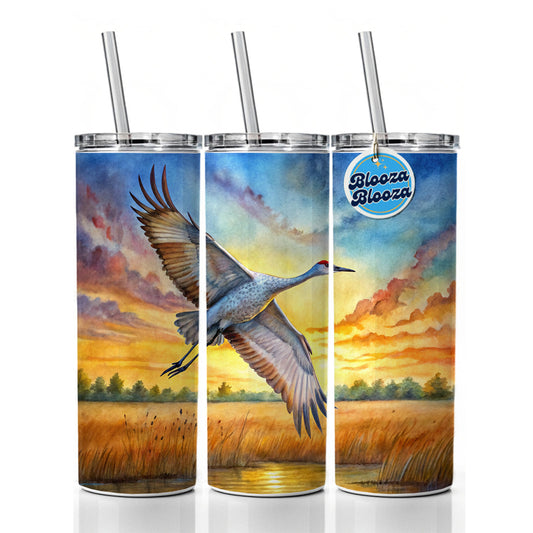 Sandhill Crane In Flight At Sunset Watercolor Skinny Tumbler 20oz with Straw Insulated Water Bottle Gift