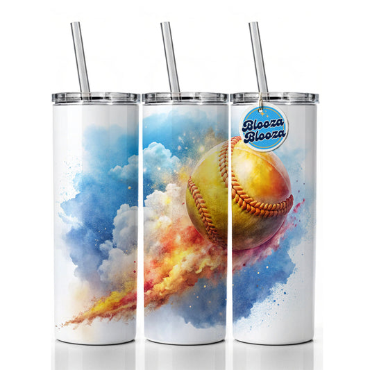 Softball Rocketing Through The Sky Watercolor Skinny Tumbler 20oz with Straw Insulated Water Bottle Gift
