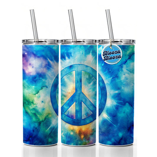 Solid Blue Peace Symbol Tie Dye Background Hippie Watercolor Skinny Tumbler 20oz with Straw Insulated Water Bottle Gift