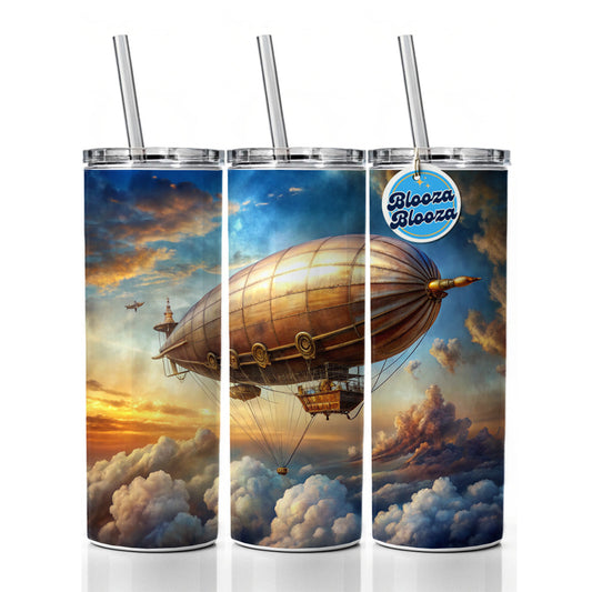Steampunk Airship Dirigible Flying in Cloudy Sky Fantasy Sci-fi Skinny Tumbler 20oz with Straw Insulated Water Bottle Gift
