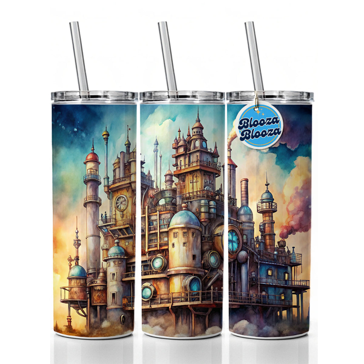 Steampunk Castle City Fantasy Sci-fi Skinny Tumbler 20oz with Straw Insulated Water Bottle Gift