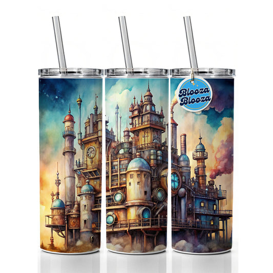 Steampunk Castle City Fantasy Sci-fi Skinny Tumbler 20oz with Straw Insulated Water Bottle Gift
