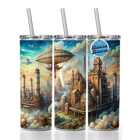 Steampunk City and Airship Fantasy Sci-fi Scene Skinny Tumbler 20oz with Straw Insulated Water Bottle Gift