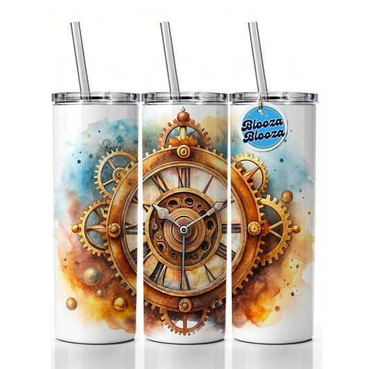 Steampunk Clock Fantasy Sci-fi Watercolor Skinny Tumbler 20oz with Straw Insulated Water Bottle Gift