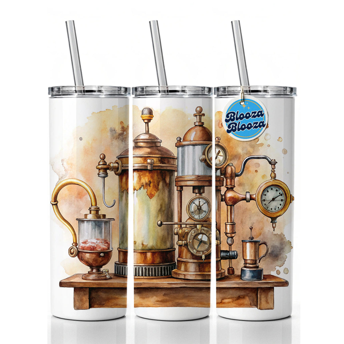 Steampunk Coffee Maker Fantasy Sci-fi Watercolor Skinny Tumbler 20oz with Straw Insulated Water Bottle Gift