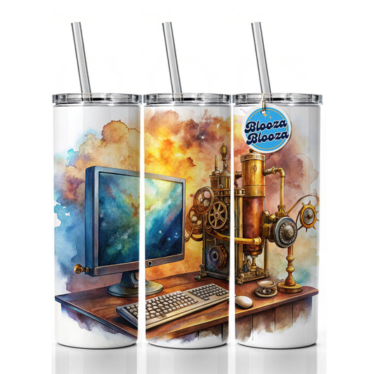 Steampunk Desktop PC Computer Fantasy Sci-fi Watercolor Skinny Tumbler 20oz with Straw Insulated Water Bottle Gift