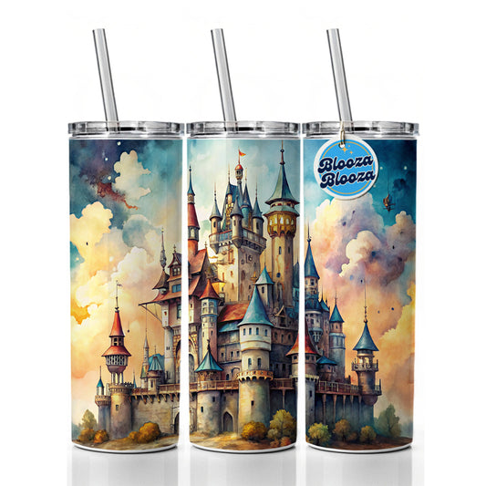 Steampunk Fantasy Castle Watercolor Skinny Tumbler 20oz with Straw Insulated Water Bottle Gift