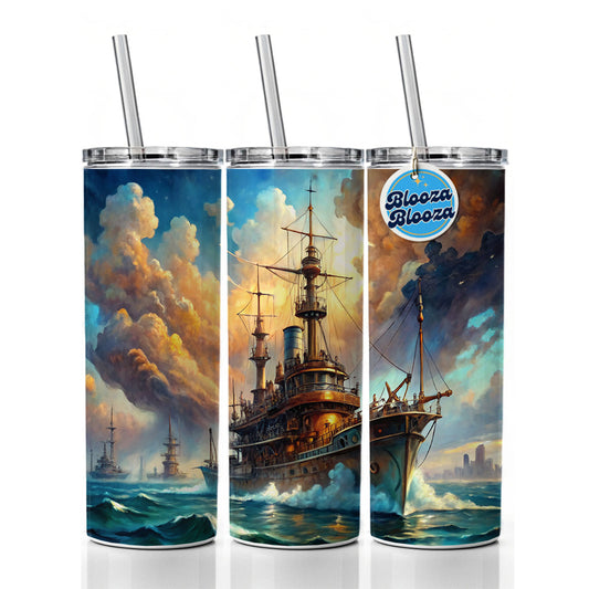 Steampunk Iron Warship Fantasy Sci-fi Watercolor Skinny Tumbler 20oz with Straw Insulated Water Bottle Gift