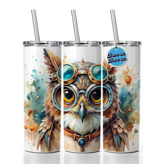 Steampunk Owl With Goggles Fantasy Sci-fi Watercolor Skinny Tumbler 20oz with Straw Insulated Water Bottle Gift