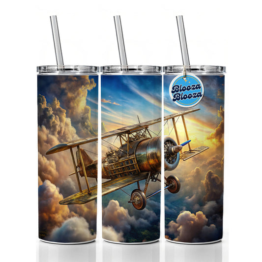 Steampunk Plane Airship in Cloudy Sky Fantasy Sci-fi Skinny Tumbler 20oz with Straw Insulated Water Bottle Gift
