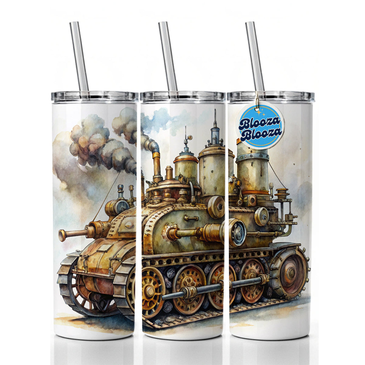 Steampunk Steam Engine Tank Fantasy Sci-fi Skinny Tumbler 20oz with Straw Insulated Water Bottle Gift
