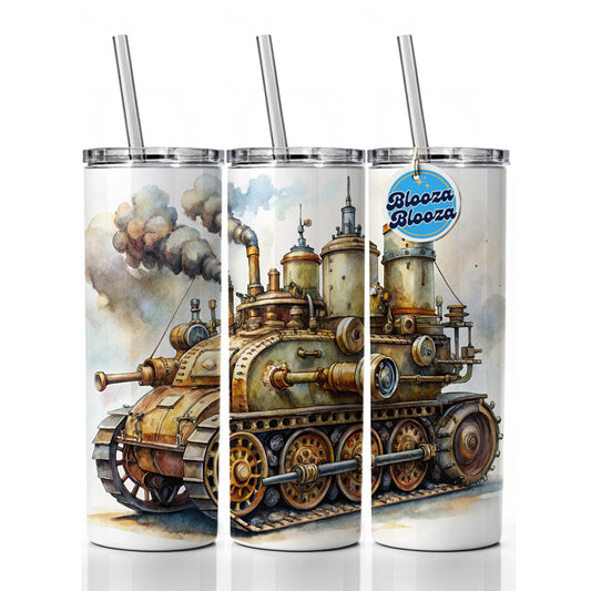 Steampunk Steam Engine Tank Fantasy Sci-fi Skinny Tumbler 20oz with Straw Insulated Water Bottle Gift