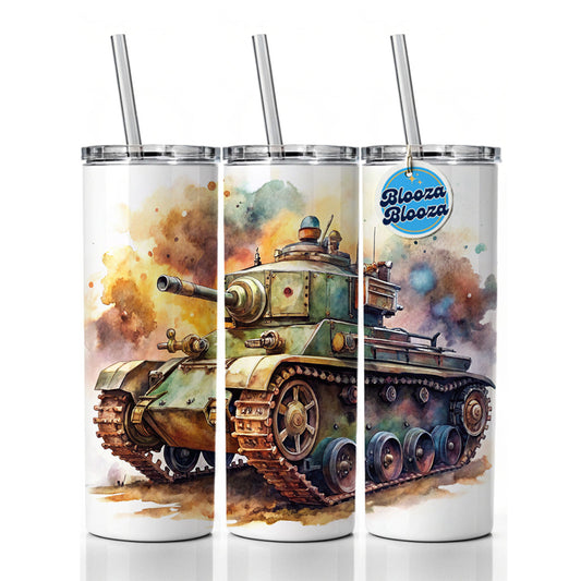 Steampunk Tank Fantasy Sci-fi Watercolor Skinny Tumbler 20oz with Straw Insulated Water Bottle Gift
