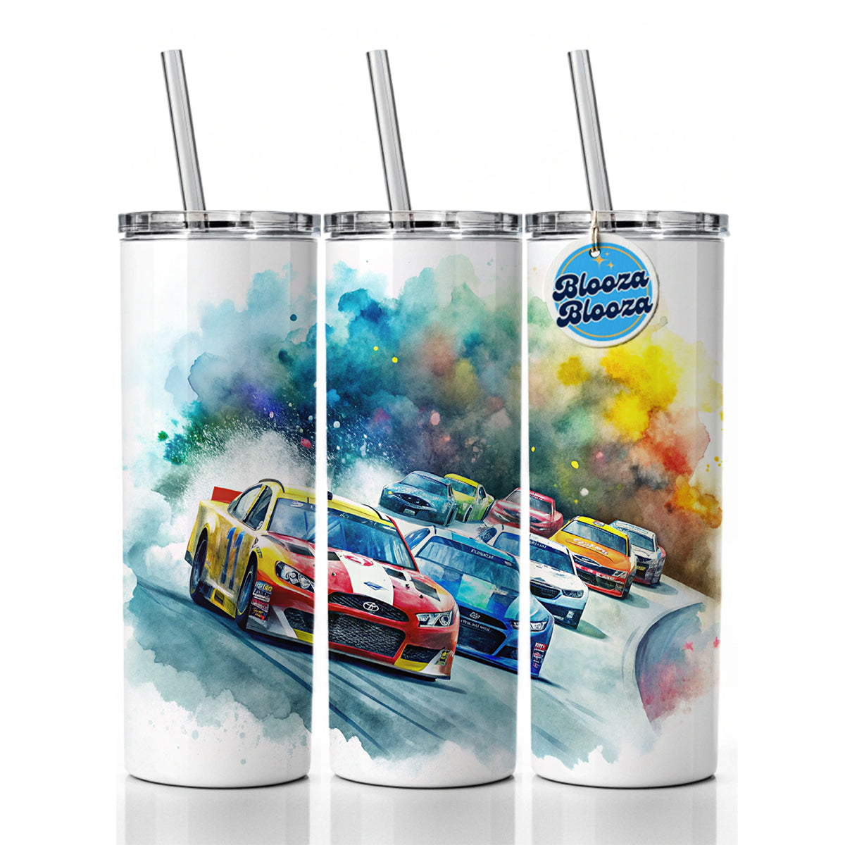 Stock Car Racing Watercolor Skinny Tumbler 20oz with Straw Insulated Water Bottle Gift