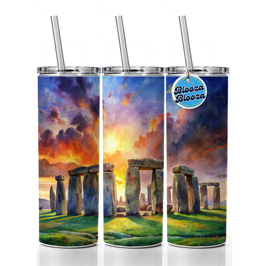 Stonehenge England At Dusk Watercolor Skinny Tumbler 20oz with Straw Insulated Water Bottle Gift