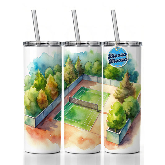 Tennis Court Watercolor Skinny Tumbler 20oz with Straw Insulated Water Bottle Gift