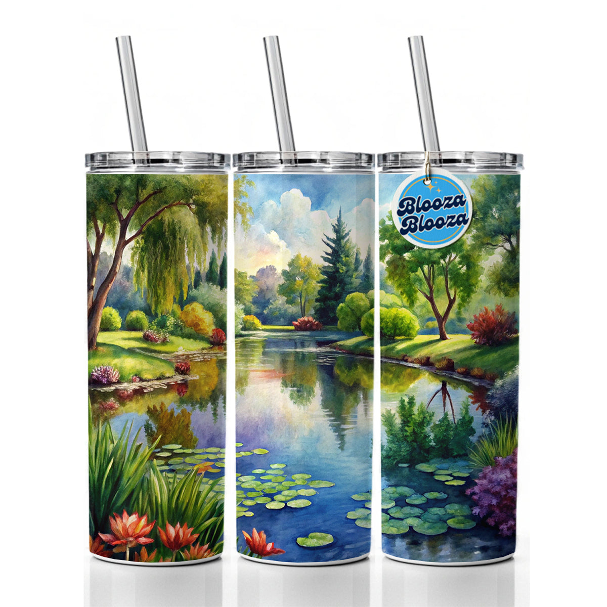 Tranquil Pond Scene Watercolor Skinny Tumbler 20oz with Straw Insulated Water Bottle Gift