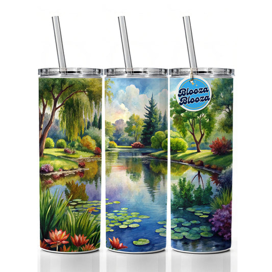 Tranquil Pond Scene Watercolor Skinny Tumbler 20oz with Straw Insulated Water Bottle Gift
