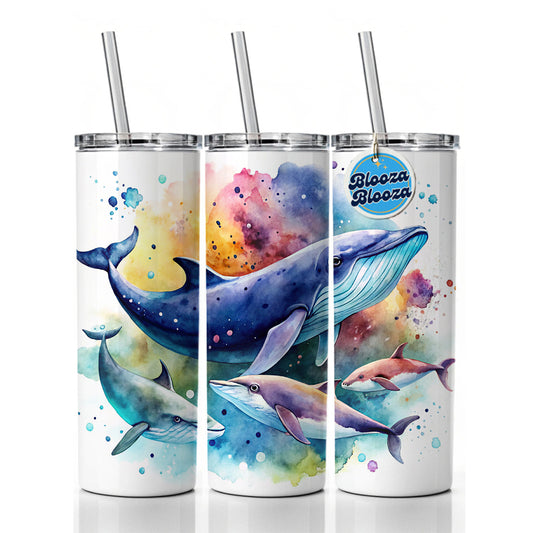 Whales Family Colorful Watercolor Skinny Tumbler 20oz with Straw Insulated Water Bottle Gift