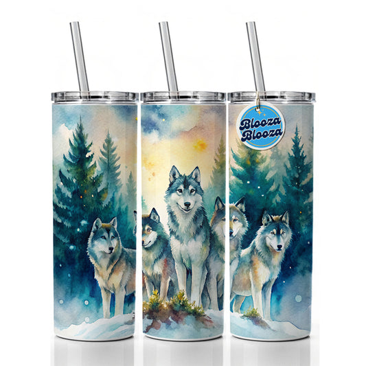 Wolfpack Snowy Forest Wolf Scene Watercolor Skinny Tumbler 20oz with Straw Insulated Water Bottle Gift