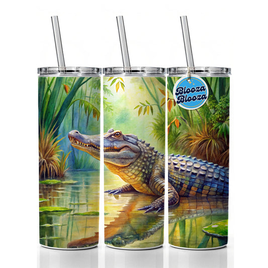 Alligator Crocodile In Swamp Skinny Tumbler 20oz with Straw Insulated Water Bottle Gift