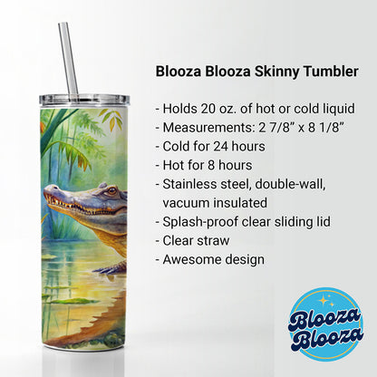 Alligator Crocodile In Swamp Skinny Tumbler 20oz with Straw Insulated Water Bottle Gift