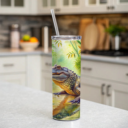 Alligator Crocodile In Swamp Skinny Tumbler 20oz with Straw Insulated Water Bottle Gift
