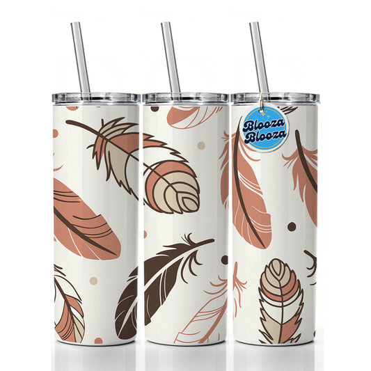 Boho Feathers Skinny Tumbler 20oz with Straw Insulated Water Bottle Gift