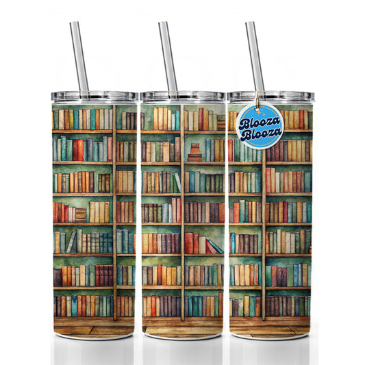 Bookshelves Library Reading Reader Books Skinny Tumbler 20oz with Straw Insulated Water Bottle Gift