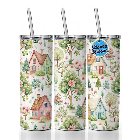 Cottagecore Cute Country Homes Pattern Skinny Tumbler 20oz with Straw Insulated Water Bottle Gift