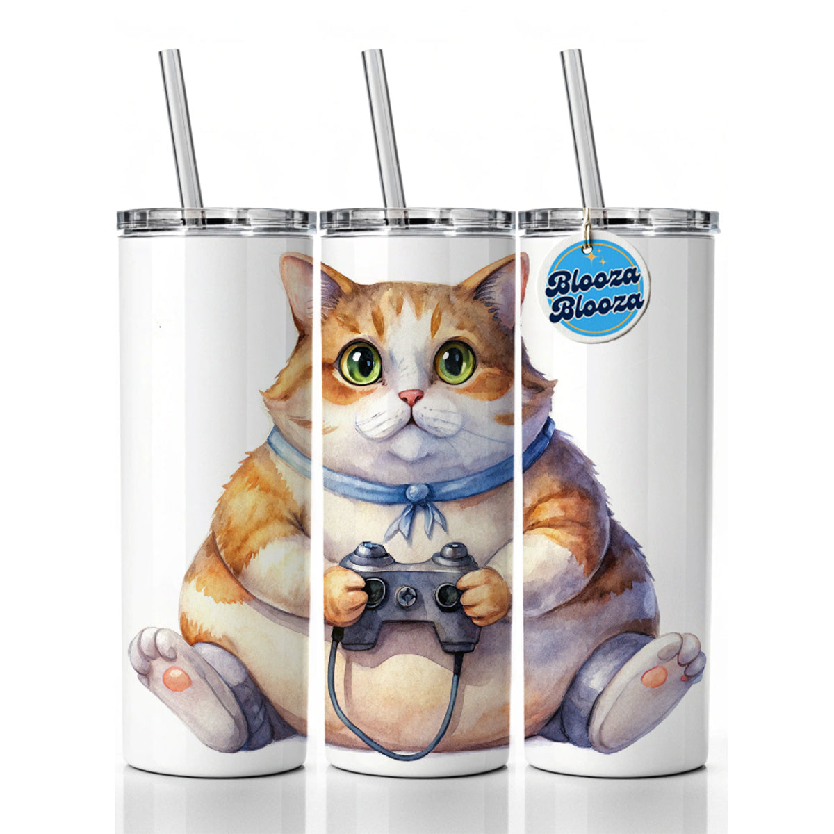 Fat Gamer Kitty Skinny Tumbler 20oz with Straw Insulated Water Bottle Gift