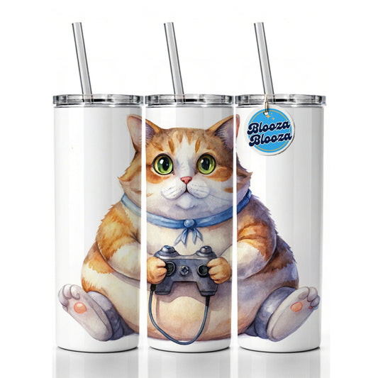 Fat Gamer Kitty Skinny Tumbler 20oz with Straw Insulated Water Bottle Gift