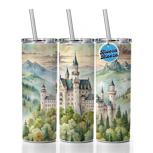 German Castle Watercolor Beautiful Neuschwanstein Skinny Tumbler 20oz with Straw Insulated Water Bottle Gift