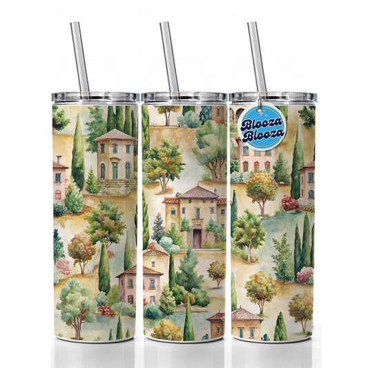 Italian Villa Hillside Town Italy Skinny Tumbler 20oz with Straw Insulated Water Bottle Gift