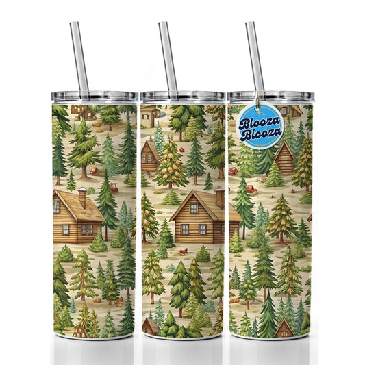 Log Cabin In Forest Pattern Skinny Tumbler 20oz with Straw Insulated Water Bottle Gift