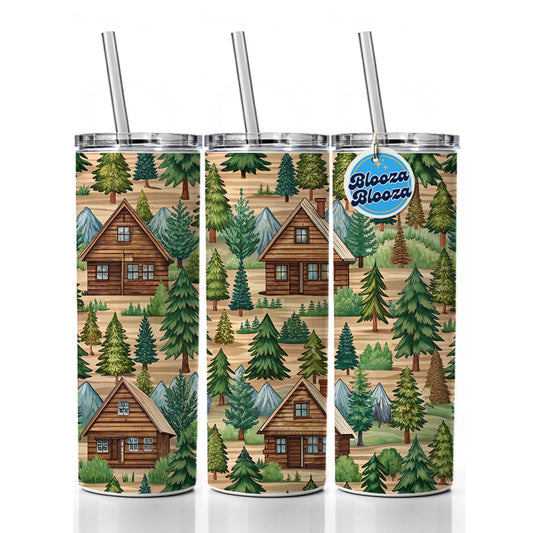 Log Cabin Pattern Skinny Tumbler 20oz with Straw Insulated Water Bottle Gift