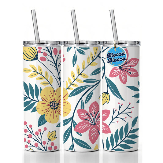Pretty Flowers Floral Motif Colorful Skinny Tumbler 20oz with Straw Insulated Water Bottle Gift