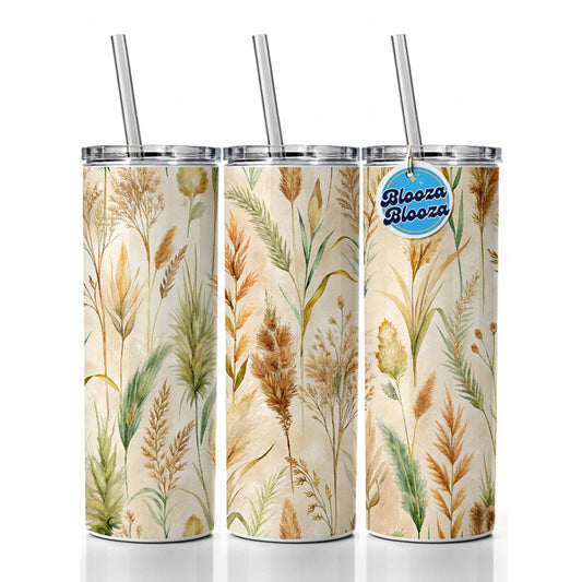 Wild Grasses Wheat Pattern Skinny Tumbler 20oz with Straw Insulated Water Bottle Gift
