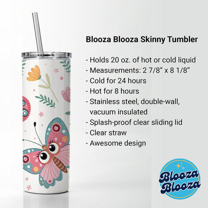 Adorable Butterflies Skinny Tumbler 20oz with Straw Insulated Water Bottle Gift