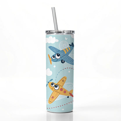 Airplanes Cute Cartoon Skinny Tumbler 20oz with Straw Insulated Water Bottle Gift