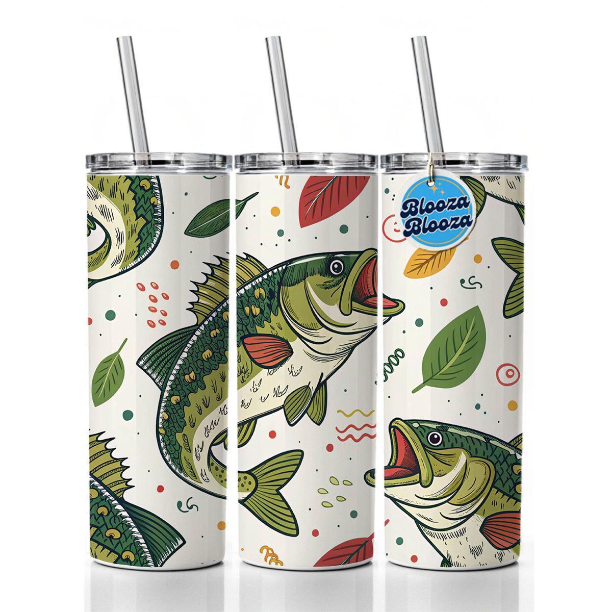 Bass Fish Fishing Cute Cartoon Skinny Tumbler 20oz with Straw Insulated Water Bottle Gift