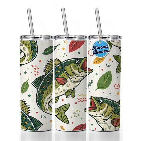 Bass Fish Fishing Cute Cartoon Skinny Tumbler 20oz with Straw Insulated Water Bottle Gift