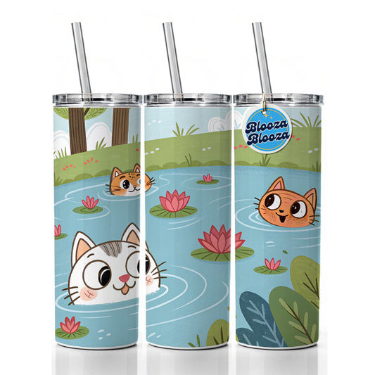 Cats Swimming In Pond Cute Skinny Tumbler 20oz with Straw Insulated Water Bottle Gift