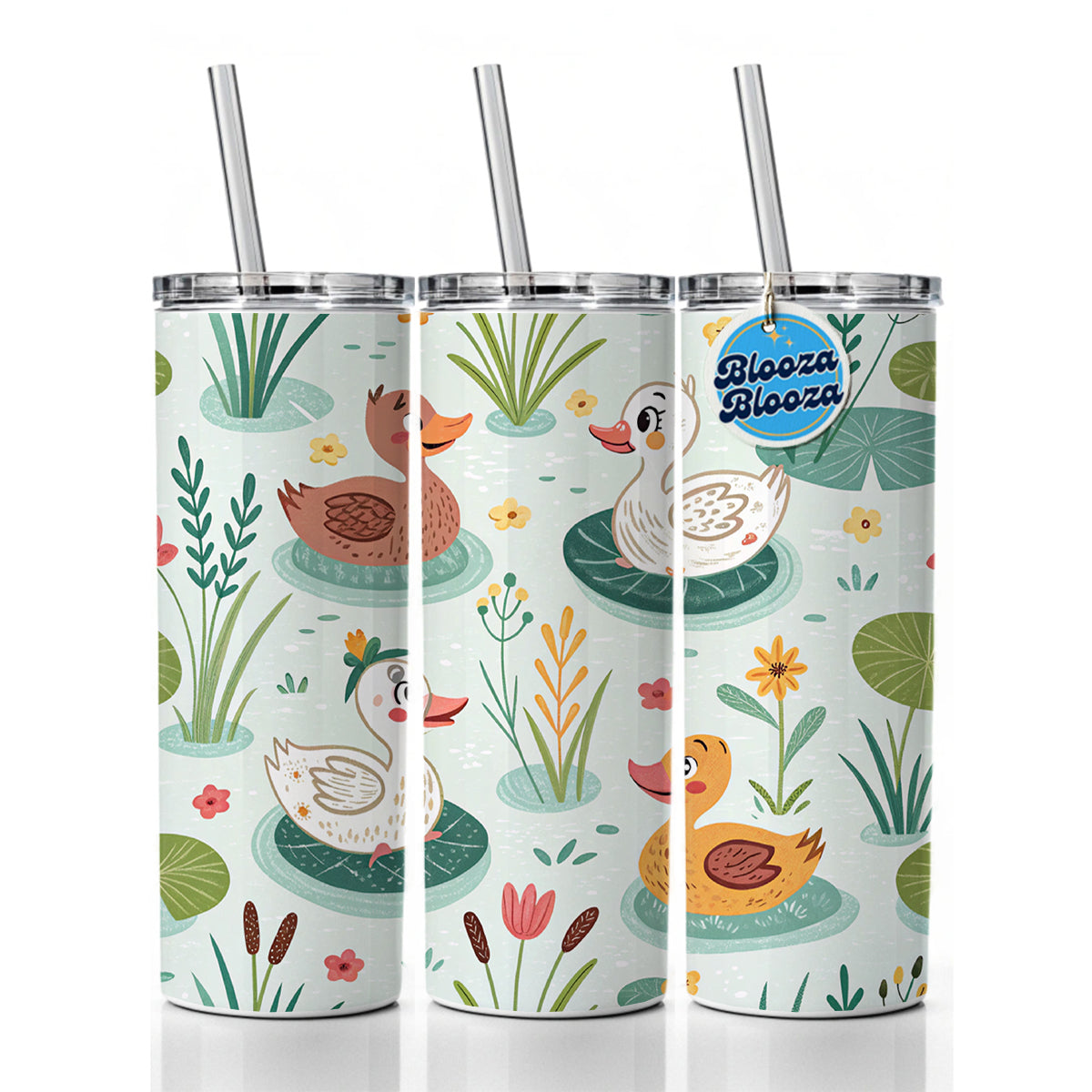 Cute Ducks In Pond Skinny Tumbler 20oz with Straw Insulated Water Bottle Gift