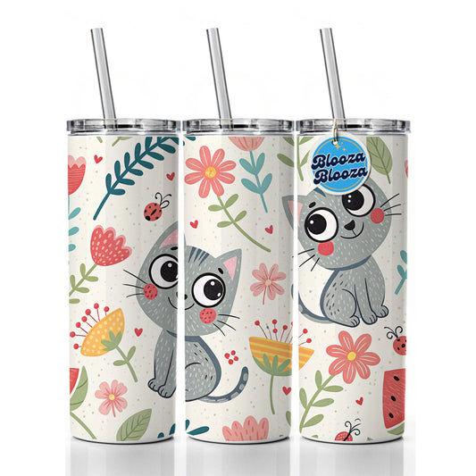 Cute Gray Cats Skinny Tumbler 20oz with Straw Insulated Water Bottle Gift